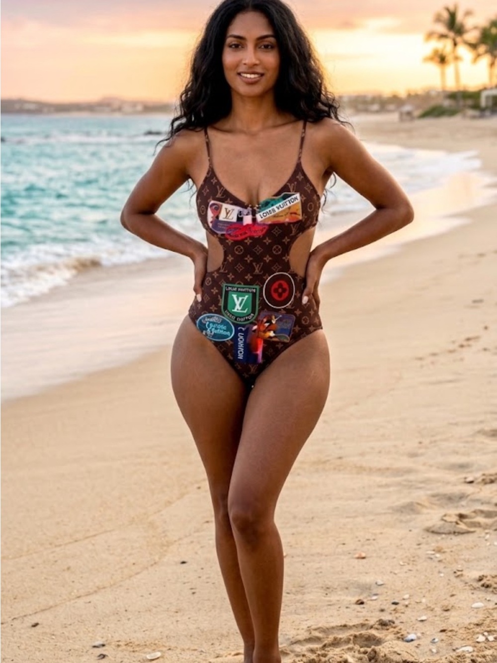 Brown Monogram Patchwork Cutout One-Piece